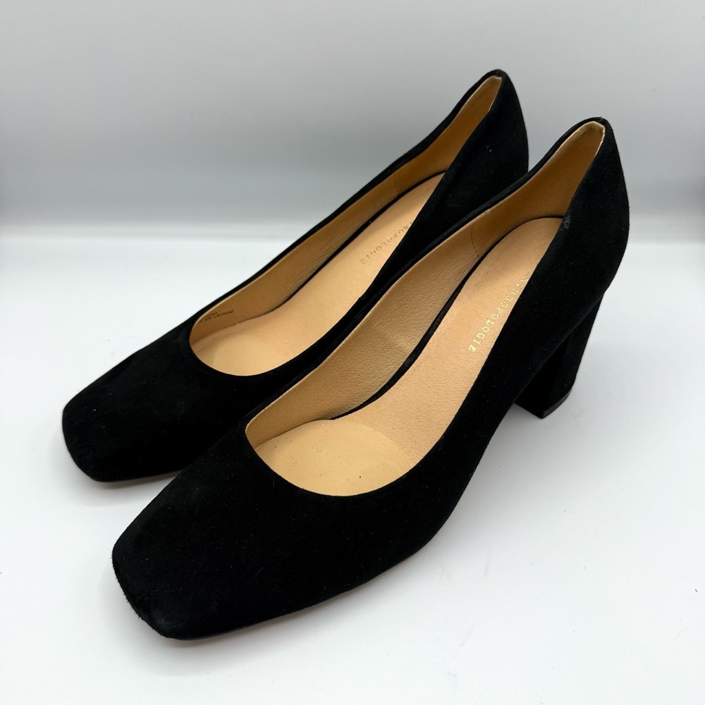 Classic Black Suede Block Heel Pumps